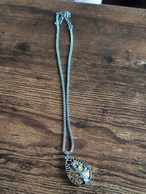 Silver Tree of Life Pendant Necklace with Amber Accents - Women Jewelry